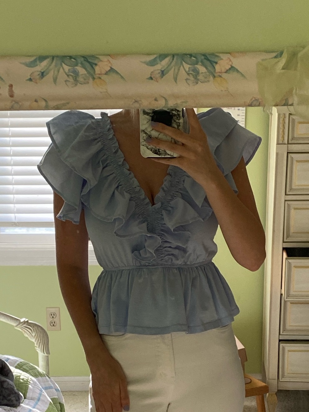 Entro Light Blue Ruffled V-Neck Peplum Blouse
